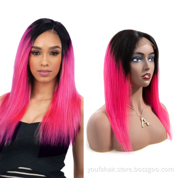 Youfa Brazilian Raw Human Hair Ombre Color 1b/pink 4x4 Lace Closure Wigs HD Transparent Lace Front Straight Wig with Baby Hair